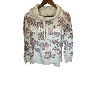 Calvin Klein Womens Floral Cowl Neck Sweatshirt M Grey Rose Athleisure Pullover